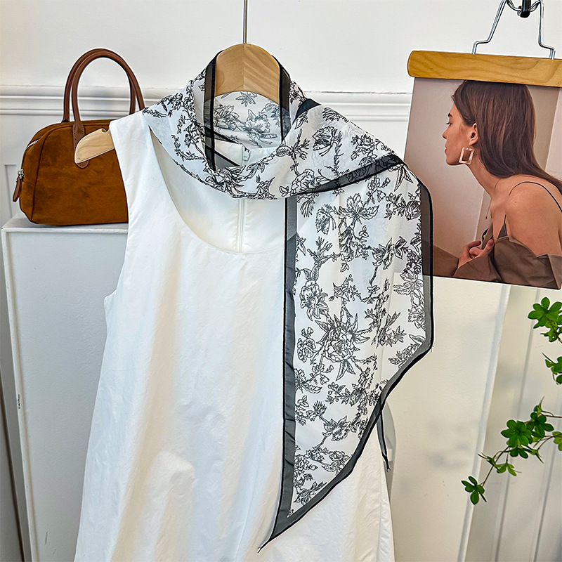 Bufanda de seda, banda larga, sentido de alta calidad, flor de doble cara, sentido de la atmósfera coreana, pañuelo, cinturón para el cabello, bufanda decorativa, bufanda fina, chal