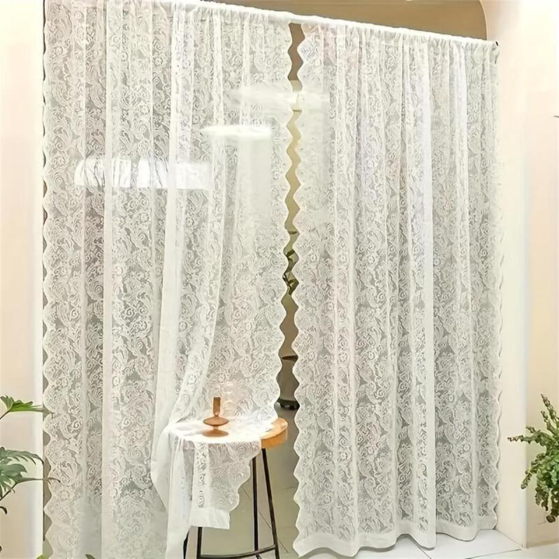 Fresh Lace Curtain White Warp Knitted Window Screen Living Room Bedroom Bay Window European Style Pastoral Door Curtain Finished Cross-border Hair