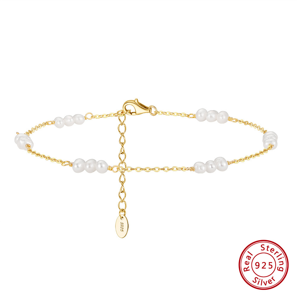 Electroplating Gold Plating Process Platinum Plated Plating Material Anklet Classification 1 Piece Quantity Wholesale Jewelry Simple Style Solid Color 925 Sterling Silver Freshwater Pearl Beaded Anklet