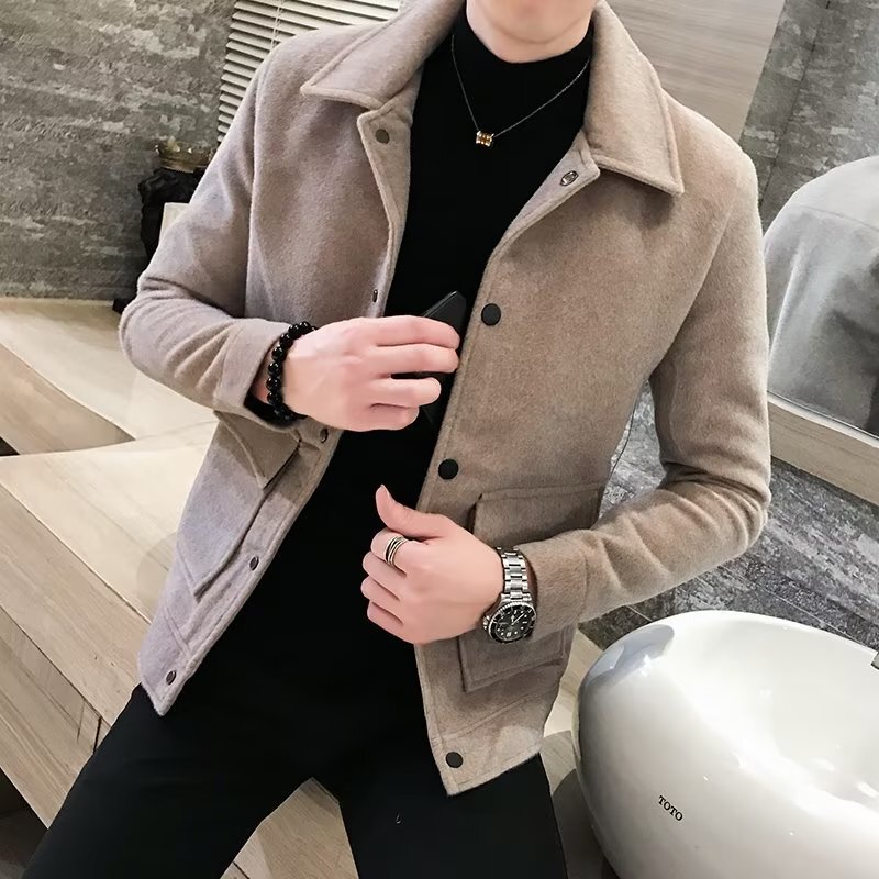Woolen coat men's autumn and winter British style thickened lapel trendy all-match Korean style woolen jacket short spirit