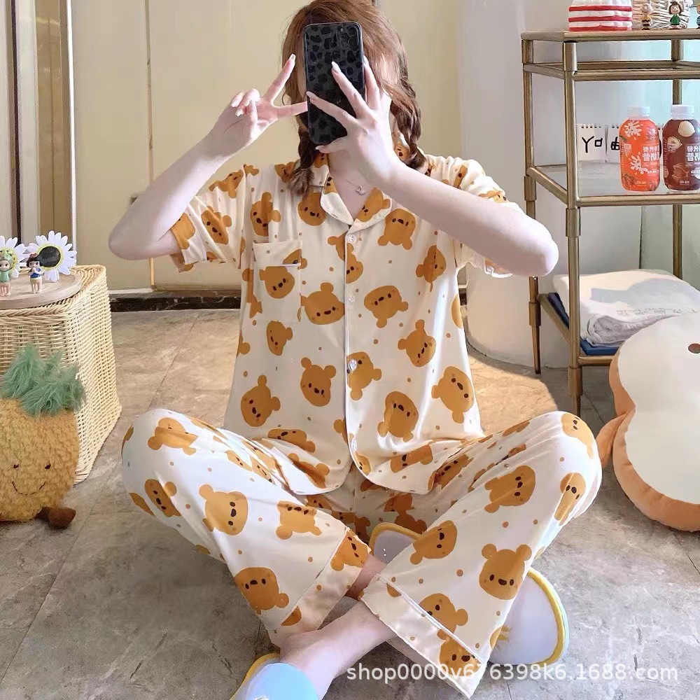 2025 primavera y verano pijamas de mujer pantalones de manga corta en un nuevo cardián casual suelto se puede usar en el hogar conjunto de ropa