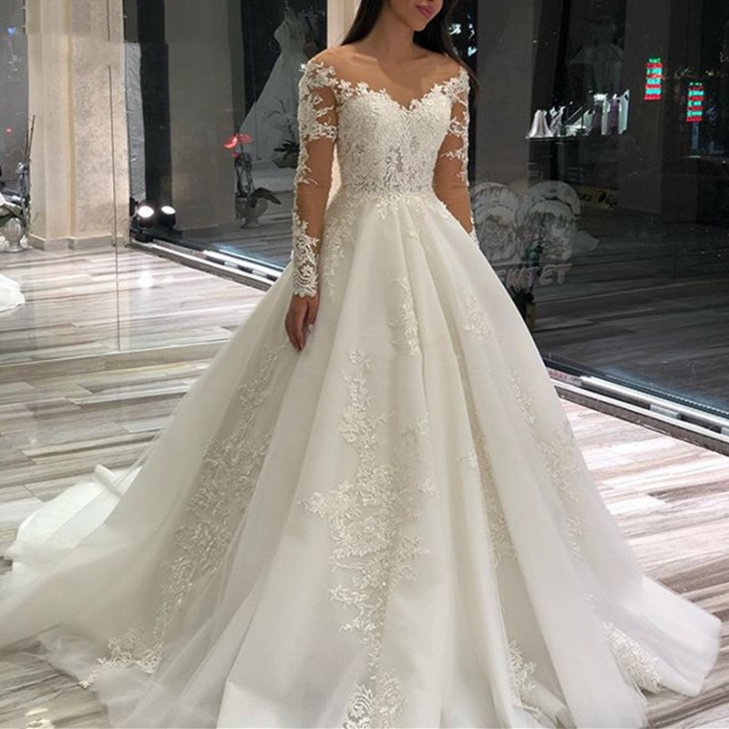 European and American foreign trade Amazon AliExpress wish new wedding dress round neck lace long sleeve lace slim plus size