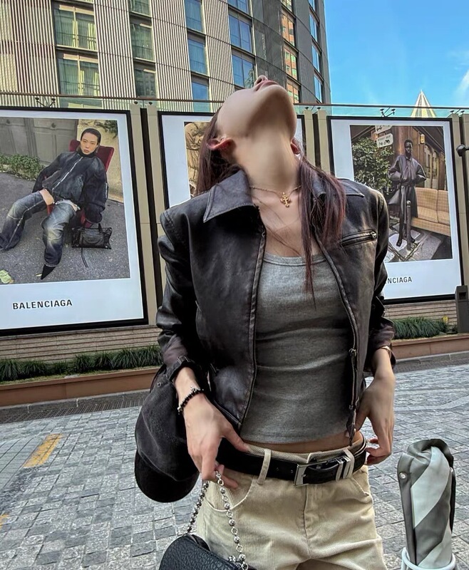 SUNONEON 酷飒风美式短皮衣外套女早秋修身PU复古机车夹克衣|undefined