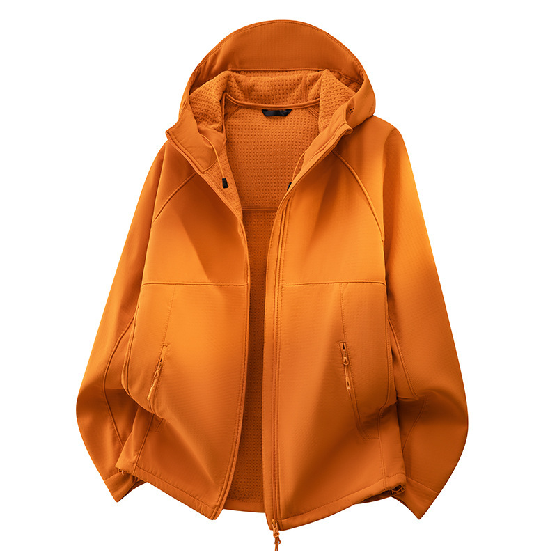 Outdoor softshell jacket for men, mountain style, three-proof hooded jacket, mountaineering outfit, group uniform, two-way zipper, couple's style outerwear