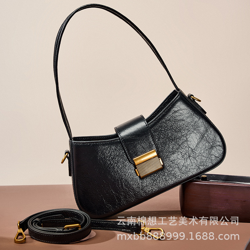 French Niche Design Genuine Leather Retro Underarm Bag For Women, High-End Baguette Handbag, Versatile Simple Trendy Style - Thumbnail 4