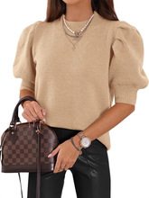 跨境亚马逊春夏新款半高领灯笼袖针织衫上衣欧美短袖纯色褶皱毛衣