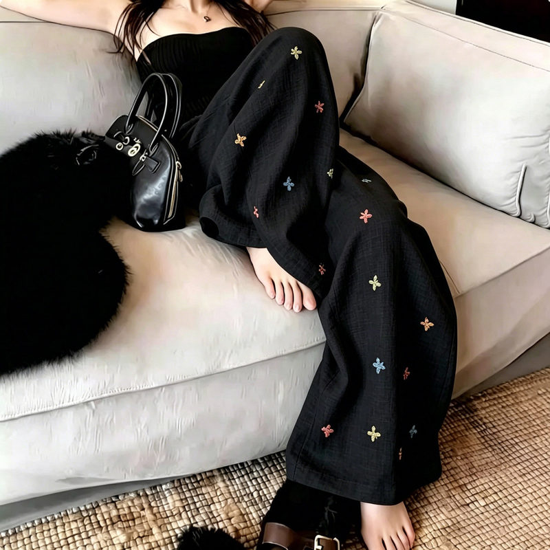 Black Linen Embroidered Casual Pants for Women, 2026 Summer Trendy New Fashion, Stylish and Age-Reducing High-End Wide-Leg Pants