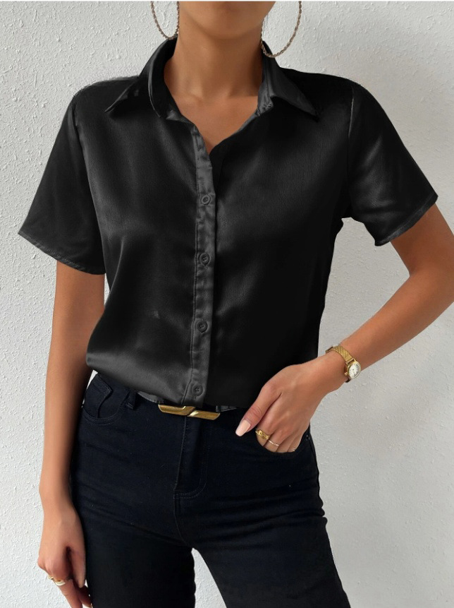 Camisa de satén con botones en stock, éxito de ventas en Amazon 2025, top casual holgado de satén, ropa de mujer transfronteriza