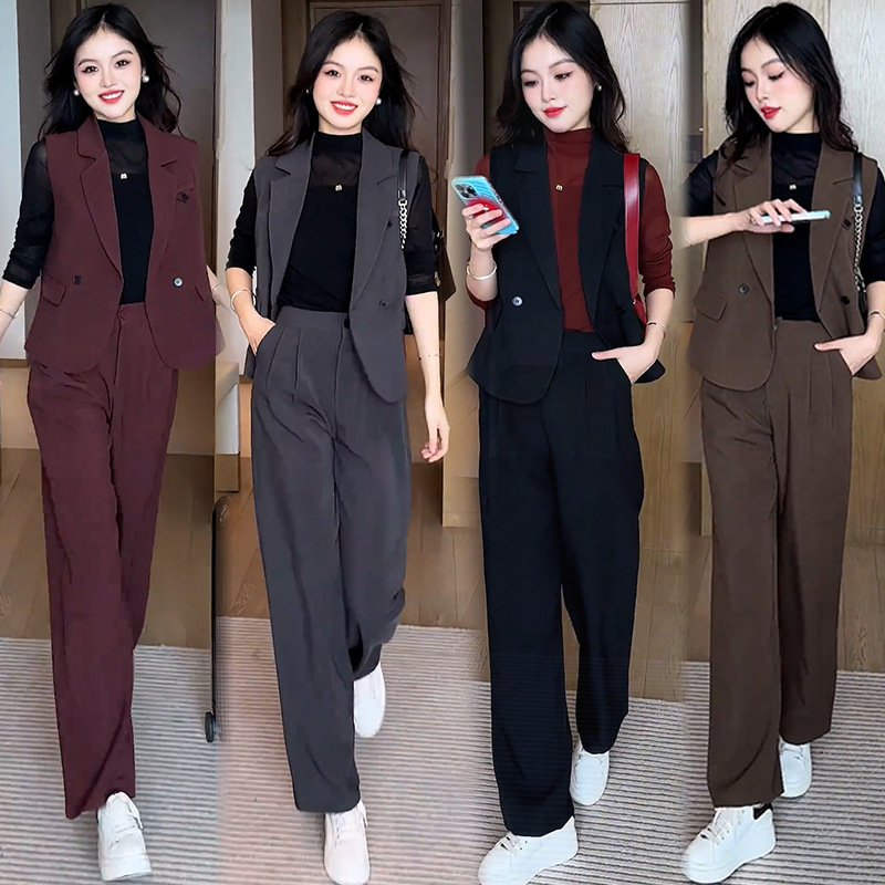 Fashion Suit for Women 2025 Spring & Fall New Style Foreign Style Age-Reducing Suit Vest Bottoming Shirt Wide-Leg Pants Casual Three-Piece Set