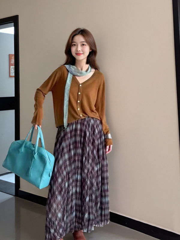 网纱拼接垂感褶皱宽松大摆伞裙撞色格纹半身裙女秋季2025新款高腰|undefined