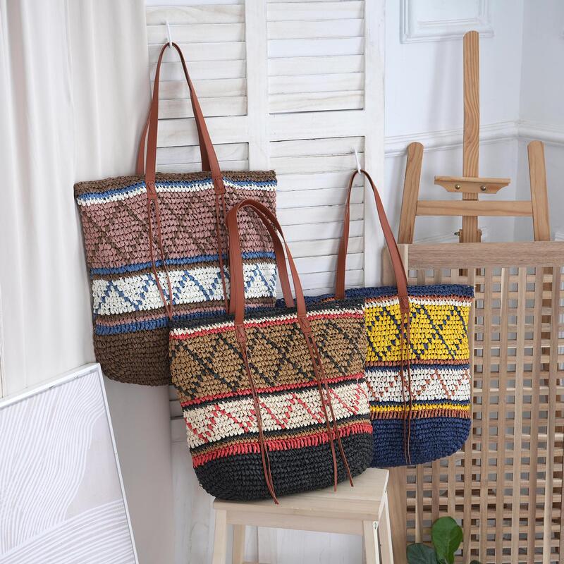 2026 New Style Patchwork Black Large-Capacity Tote Bag Bohemian Style Hemp Rope Handbag Crossbody Straw Woven Bag