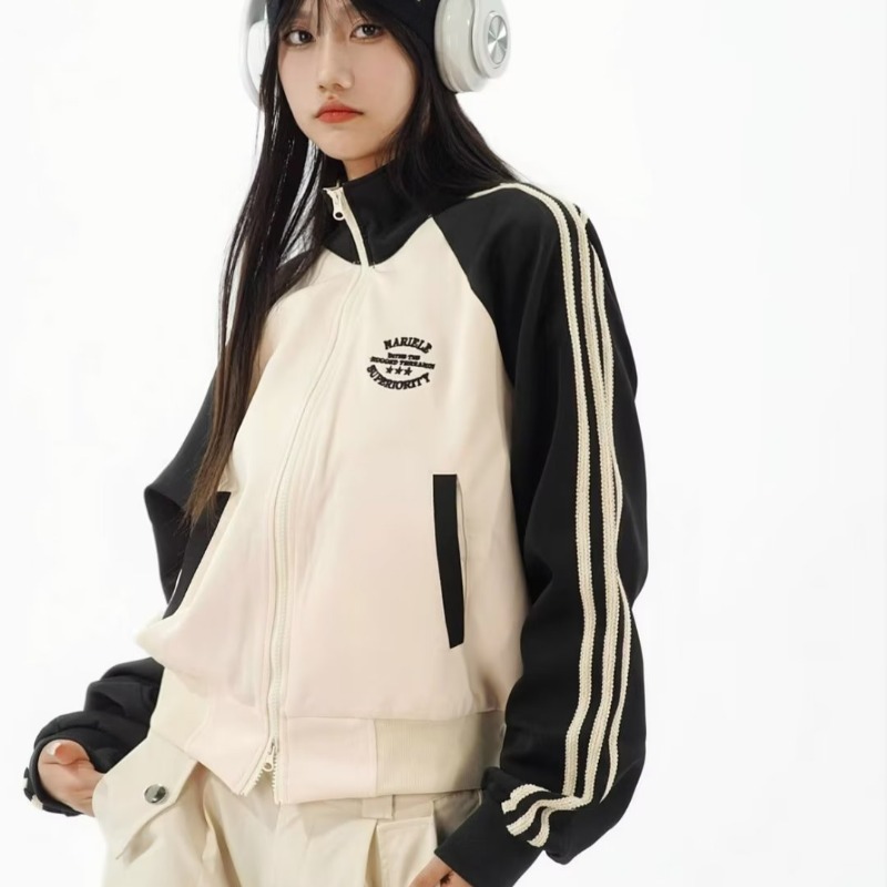 American retro preppy style hot girl short zip-up cardigan women's striped color block stand collar casual long sleeve jacket