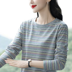 条纹t恤女长袖纯棉秋季妈妈装加肥加大码百搭打底衫显瘦遮肚上衣