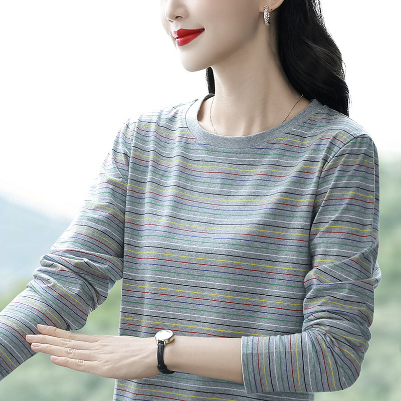 Striped Long-Sleeve Cotton T-Shirt for Women, Autumn Mom Style, Plus Size, Versatile Base Shirt, Slimming, Tummy-Concealing Top Striped Long-Sleeve Cotton T-Shirt for Women, Autumn Mom Style, Plus Size, Versatile Base Shirt, Slimming, Tummy-Concealing Top