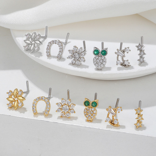 Factory direct sales cross-border best-selling European and American micro-zirconia animal nose ornaments stainless steel L-rod nose nail piercing accessories
