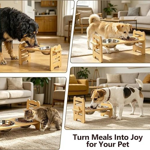 Nuevo bambú para perros y gatos, perros y gatos, doble tazón, perros pequeños y medianos, marco de madera ajustable para perros y gatos, protector de perros, comedor de comida