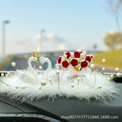 Car Perfume, Internet Celebrity Goddess — Car ornaments - lucky-white-swan-pearl-rose-crystal-base-pearl-feather-cushion