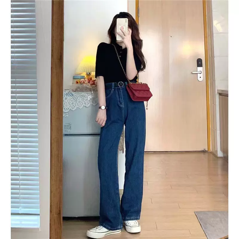 深蓝色复古牛仔裤女春夏季新款2025宽松百搭高腰显瘦直筒阔腿裤子