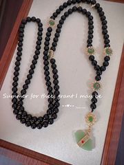 Traditional Chinese Style Obsidian Round Bead Ruyi Shoulder Chain Long Pendant Necklace Multi-Loop Bracelet Accessories for Hanfu and Tang Costume