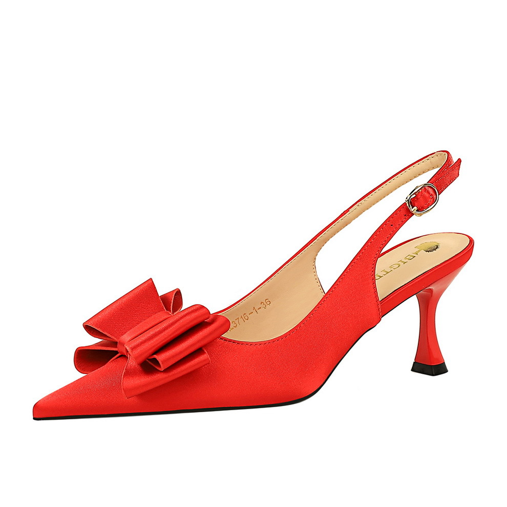 3716-H25 Fashion Slimming Korean Women's Shoes with Satin Shallow Mouth Pointed High Heel Hollow Back Strap Bow Single Shoes