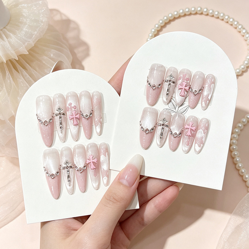 Handmade high-end light pink water-gloss cat-eye French rhinestone bow nail tips for brides and weddings, light luxury Handmade high-end light pink water-gloss cat-eye French rhinestone bow nail tips for brides and weddings, light luxury