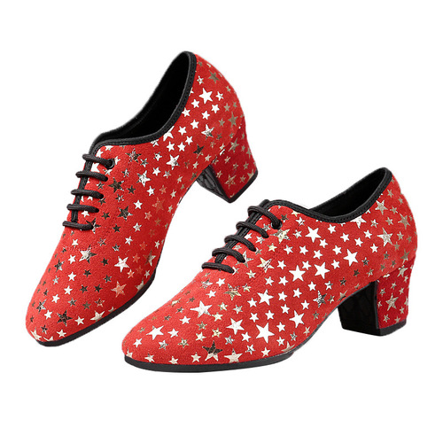 Red Women's latin Shoes velvet cowhide adult stars with teachers rubber shoes square dance Latin dance shoes outdoor shoes