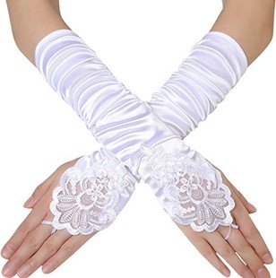 1920s Long Wedding Dress Gloves Satin Pleated Bead Embroidered Black Finger Lace Gloves
