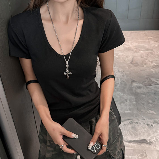 Summer New V-neck Basic Solid Color Short-sleeved T-shirt Women's Slim-fit Slimming High-end Niche Elegant Base Shirt