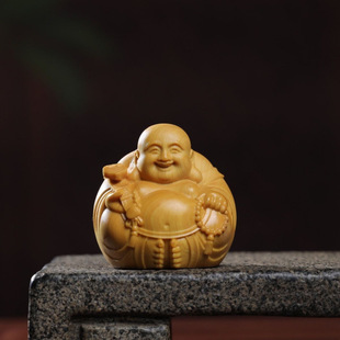 Boxwood Carved Maitreya Buddha Ornaments, Carved Buddha Statues, Thuja Wood, a Piece of Harmonious Hand-Held Pieces, Gifts for Playing with