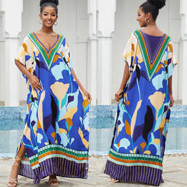 跨境爆款欧美人棉印花沙滩防晒衫宽松款度假连衣裙比基尼罩衫