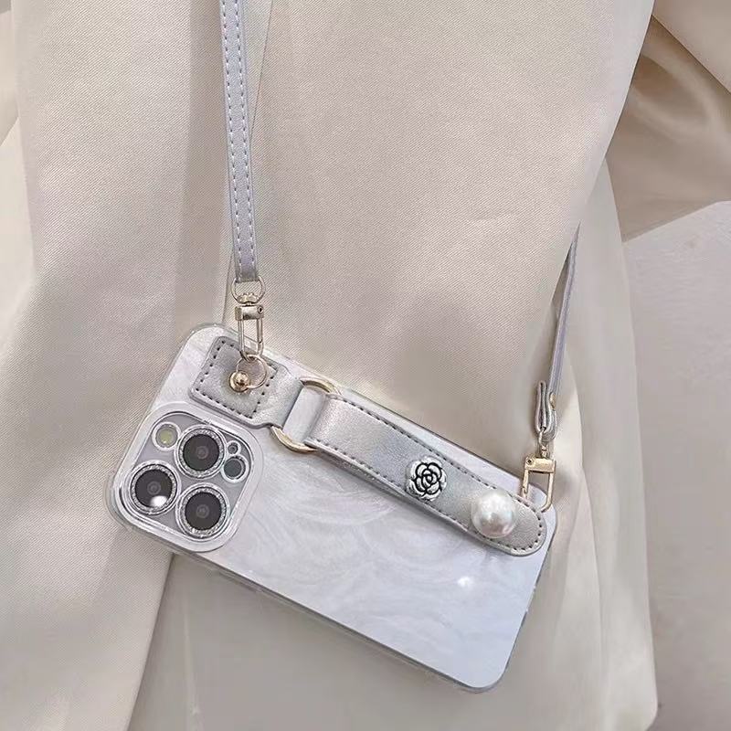 Pulsera de perlas de hilo de plumas plateada simple para iphone14 Apple 16ProMax funda para teléfono móvil 15 femenino 13 diagonal