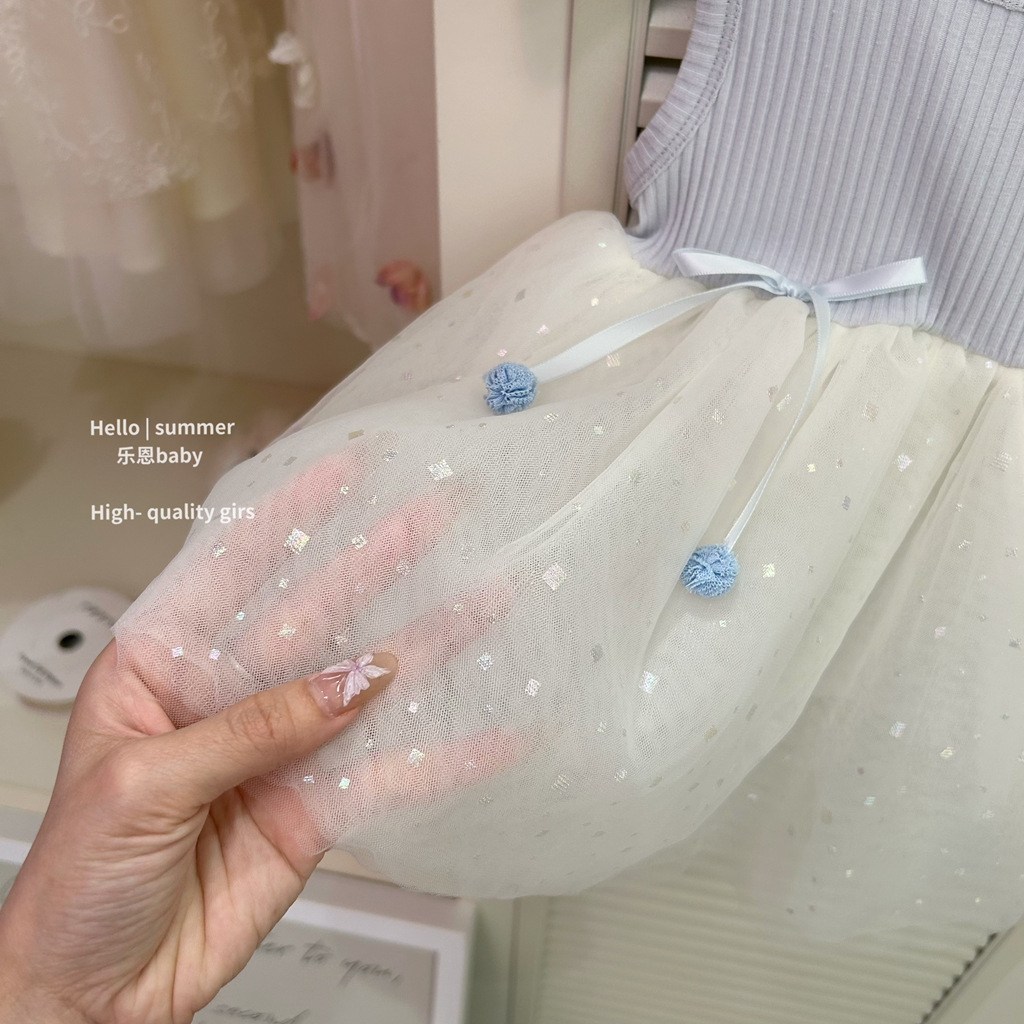 [Le En baby] 2025 verano niña azul falda de malla falda de chaleco de estilo occidental de moda falda de princesa de moda