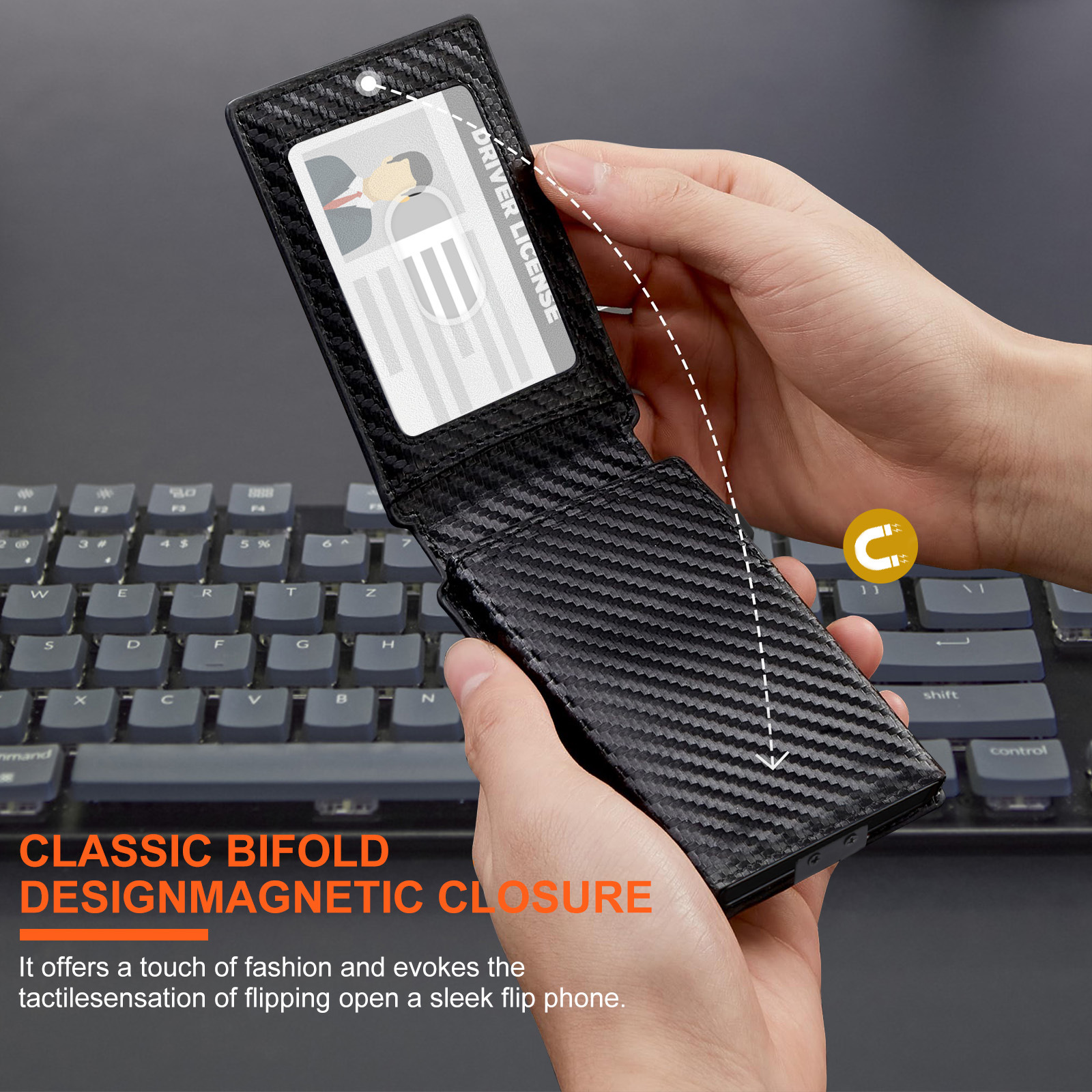 Comercio exterior flip metal cartucho bolsas de tarjetas antirrobo cepillo de fibra de carbono estampado clip de dólar lado empuje super movimiento cartera de negocios para hombres