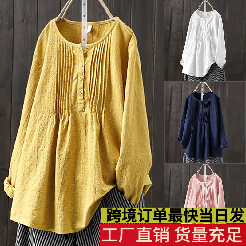 5 Colors Cross-Border 2026 New Style Loose Cotton and Linen Long-Sleeved Women's Pleated Round Neck Women's Plus Size Shirt