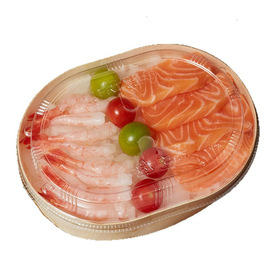 Caja de embalaje de sushi de madera de salmón, caja de camarón dulce, caja de embalaje secundaria, caja de embalaje fresca para llevar
