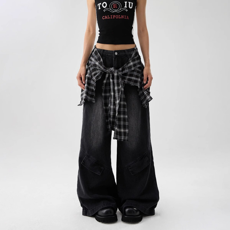 American High Street Retro Plaid Butt Curtain Wide Leg Jeans for Women 2025 Autum New Loose Straight Black Pants American High Street Retro Plaid Butt Curtain Wide Leg Jeans for Women 2025 Autum New Loose Straight Black Pants