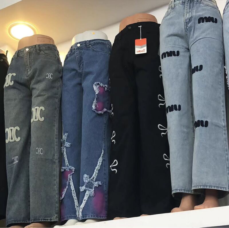 Cross-Border High-Quality Cargo Jeans Women's Straight-Leg Denim Pants Wholesale Supply Available