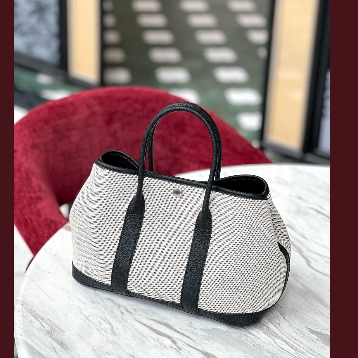 头层牛皮熊猫色30cm新款花园包手提包钢五金手工腊线缝制拉丝油边