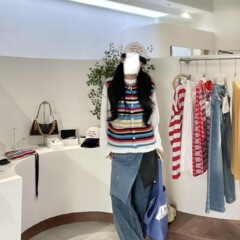 2025早秋新款休闲慵懒风显瘦彩色多巴胺条纹撞色圆领针织开衫背心