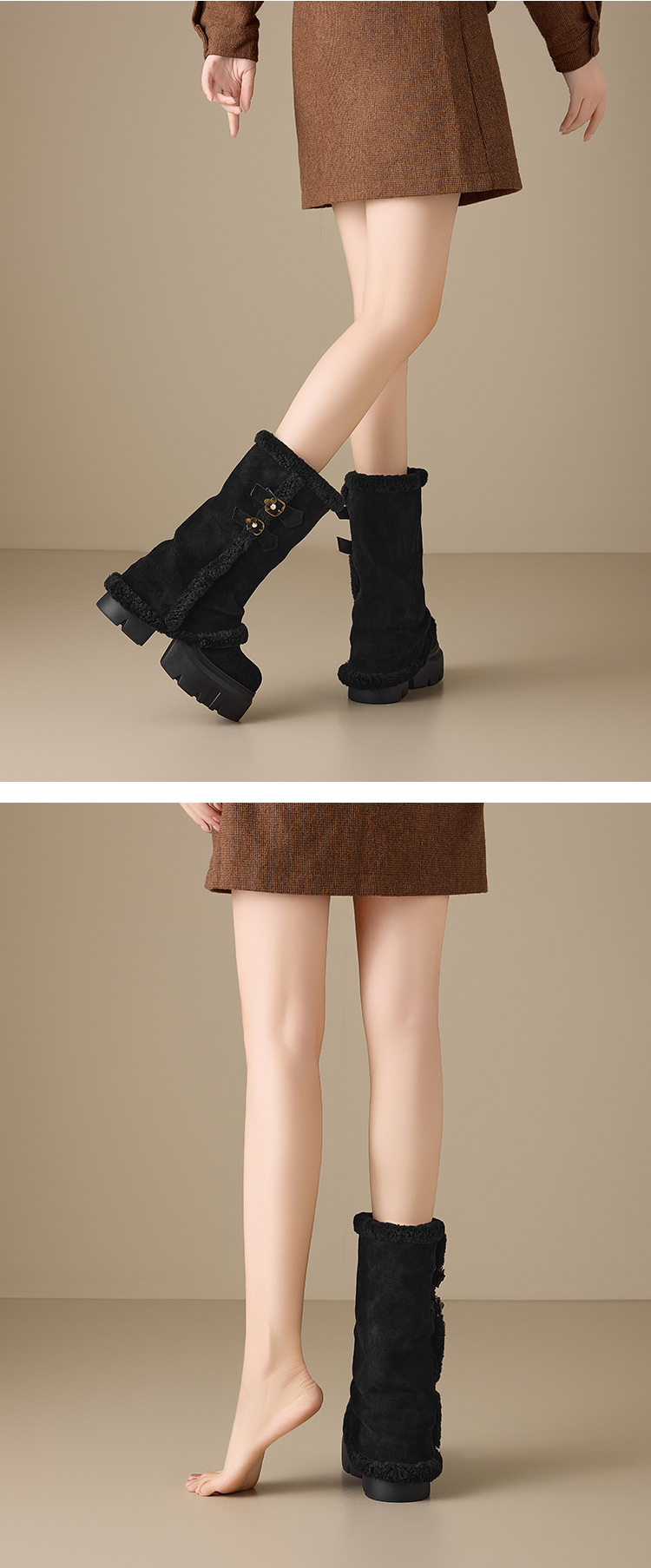 Boot nữ cổ cao ôm bắp chân, đế dày tăng chiều cao 12 cm, lót lông ấm, chất liệu cotton dày màu kaki — nhung đen chi tiết 4