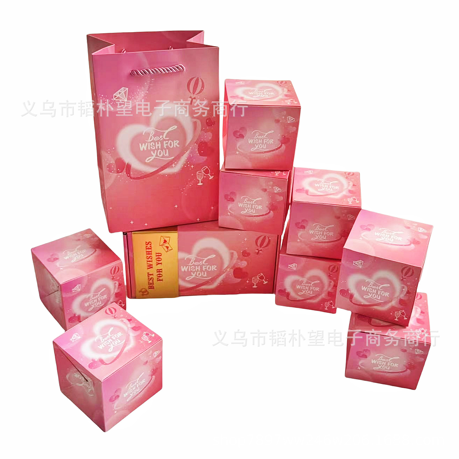 핑크 다이아몬드 BEST WISHES FOR YOU; 바운스 박스 10개 + 선물 상자 + 선물 가방