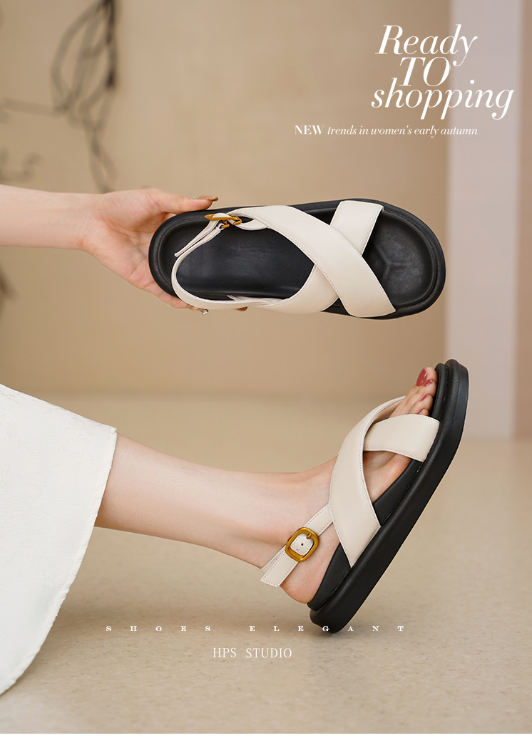 Sandal hở ngón đế dày thường ngày cho nữ – giày đi biển đế bằng hở ngón thời trang đơn giản — Màu đen chi tiết 1