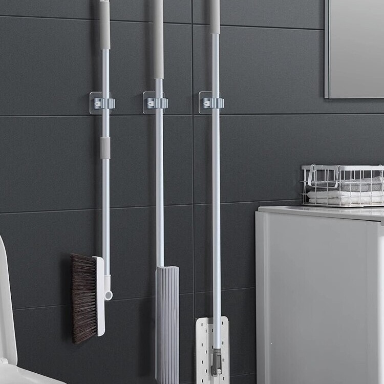 Mop Hook, No-Drill Wall-Mounted Adhesive Hook, Traceless Broom Holder, Bathroom Wall Storage Fixed Rack, Plastic