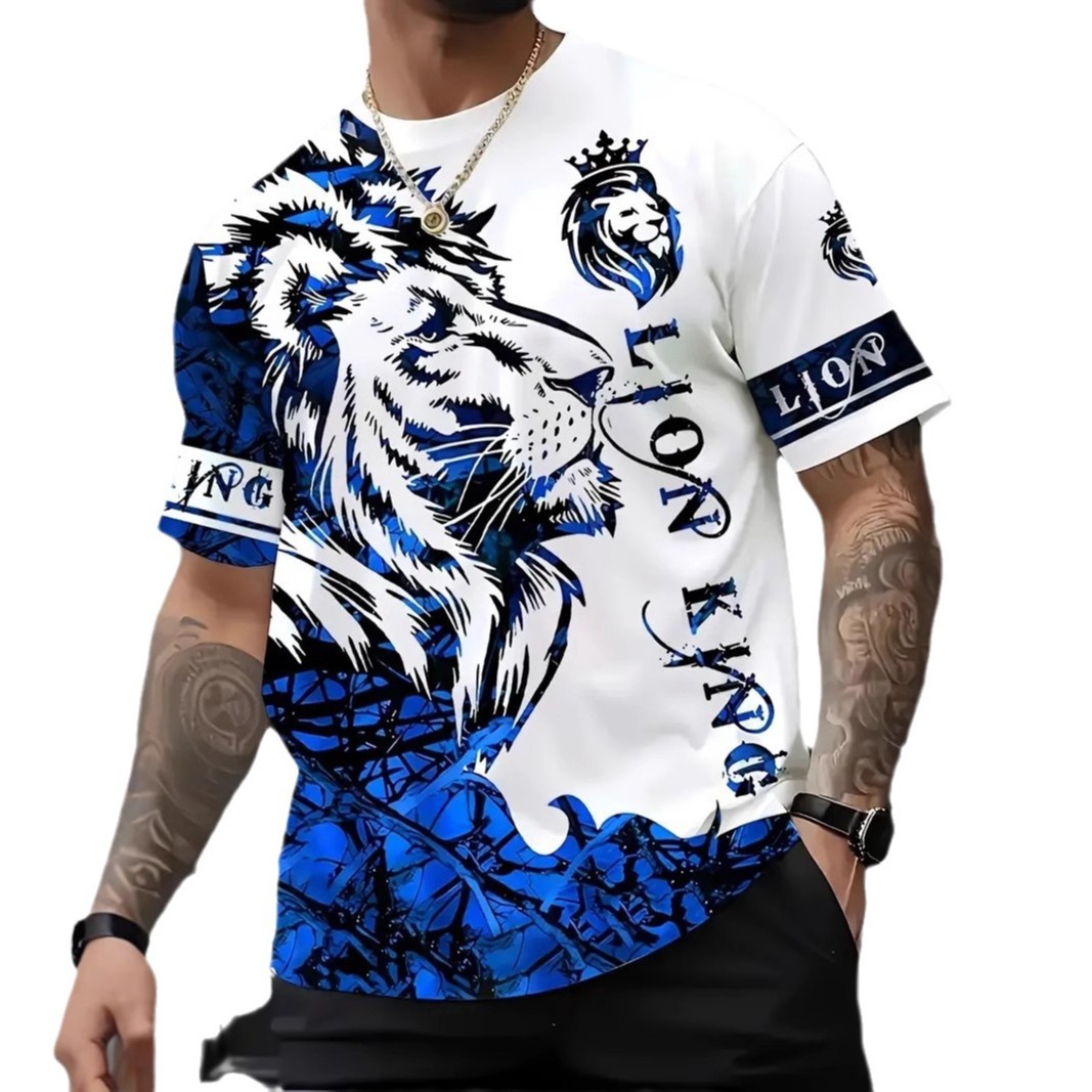 Moda todo fósforo colorido león KING lema estampado 3D hombre suelto transpirable manga corta hombro recto cuello redondo camiseta