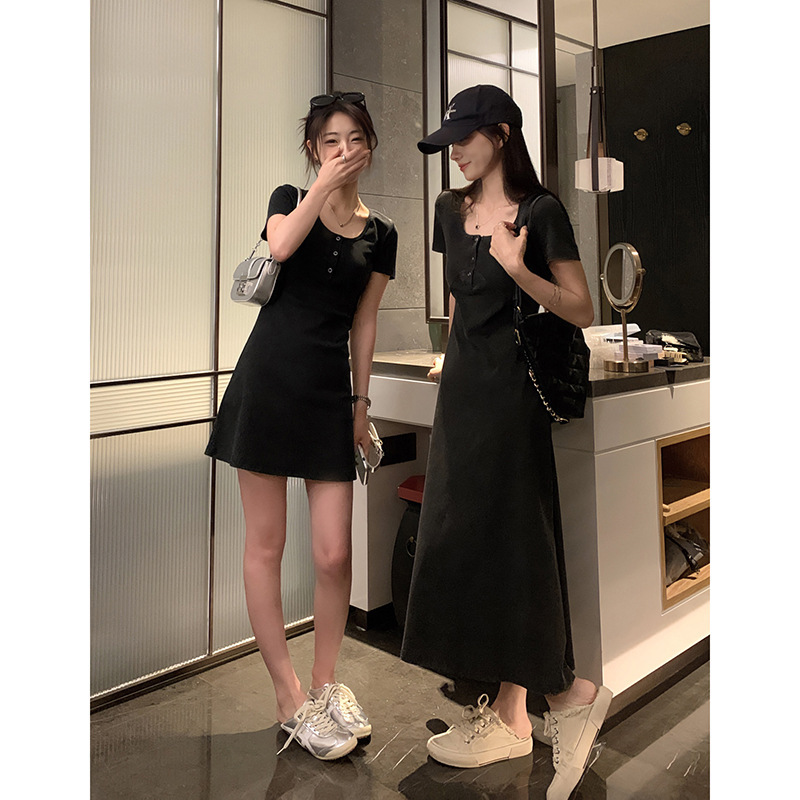 Baishiwang Snowflake Washed Little Black Dress Mid-Length A-Line Dress Summer Feminine Slim Waist Slimming Skirt
