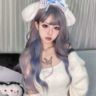 Wig Women's Long Hair Cyber Red lolita Haze Blue Natural Full Head Cover Simulation Scalp Daily Large Wavy Long Curly Hair