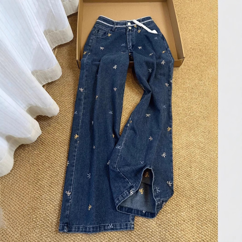 American Style Retro Colored Bow Jeans for Small Women Autumn Design Straight Loose High Waist Wide Leg Trousers