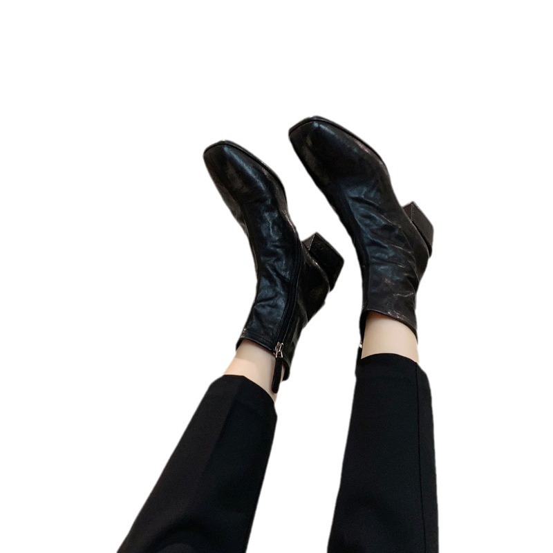 全牛革 ~ 韓系百合角頭水洗い馬皮痩せショートブーツ太さと厚い底の小さい足首ブーツ女性秋冬新作