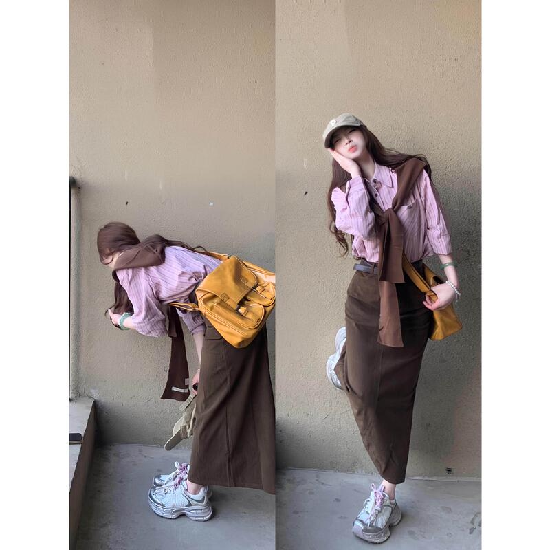 Korean Retro Pink Super Stylish Striped Shirt for Women, Spring Loose Design Versatile Lazy Casual Jacket for Women