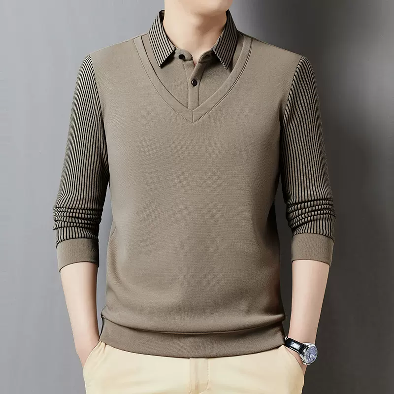 秋冬季假两件加绒加厚高端精品男士POLO衫中老年保暖毛衣男翻领衫